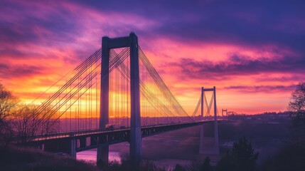 Obraz premium A breathtaking view of a stunning suspension bridge at sunset,