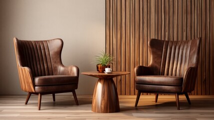 interior design concept armchair with brown upholstery coffee table with wooden surface on beige wall background 