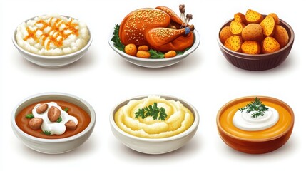 Delicious set of thanksgiving food icons featuring mashed potatoes turkey and more for festive celebrations