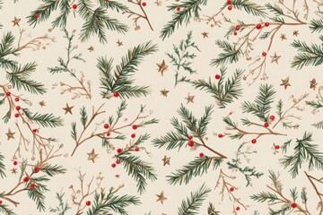Festive pattern featuring pine branches, red berries, and golden stars on a light background