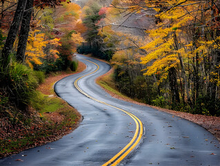 Fototapeta premium Curving road shadows through a colorful forest in peak autumn season, vibrant reds and oranges.