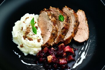 Thanksgiving Turkey: Gourmet variation. Slices of turkey with gravy. Served on dark surface with, stuffing, mashed potatoes dashed with seasoning, and cranberry sauce. Fine dining. Restaurant.
