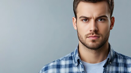 Obraz premium Serious Young Man in Checkered Shirt with Neutral Background