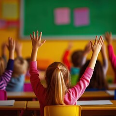 Children raising hands in a colorful classroom, eager to participate in learning and engaging activities.