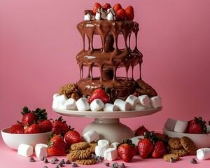 Dripping Chocolate Fountain Surrounded by Marshmallows Strawberries and Cookies for a Dessert Paradise