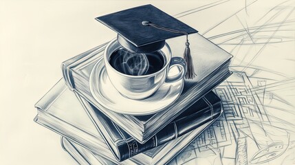 Coffee, Classics, and Cap: Perfect Wall Art for Your Study or Cafe – A Graduation Inspiration with Literature Charm on a Smooth Surface