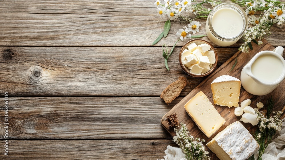 Leinwandbilder The rustic table features an array of dairy products, including milk and various cheeses, complemented by fresh flowers and greenery. Generative AI