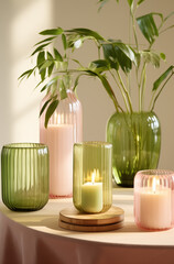 Green and pink glass vases with bamboo.