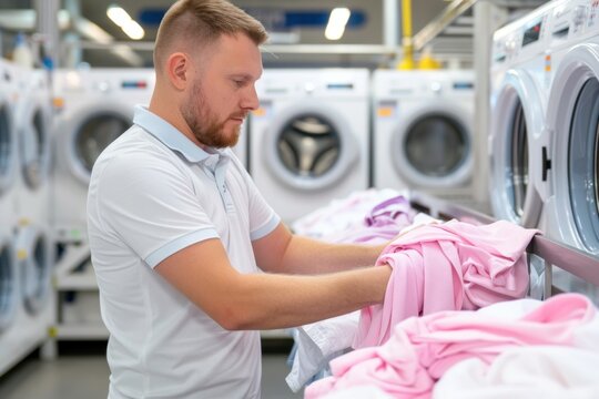 Man sorting laundry at laundromat with washing machines in background