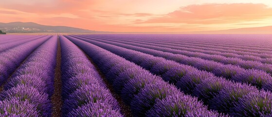 Obraz premium A stunning view of vibrant lavender fields at sunset, showcasing rows of blossoming purple flowers under a colorful sky, creating a serene and peaceful atmosphere.
