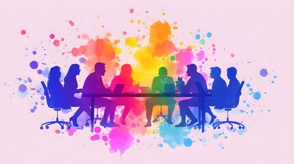 Watercolor Scene of Business Professionals Brainstorming