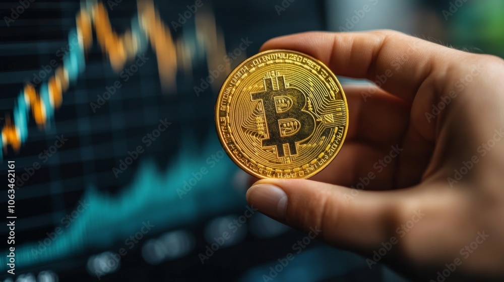 Aufkleber A person holds a golden Bitcoin in their hand while financial graphs with fluctuating lines depict cryptocurrency trends in the background, illustrating the world of digital currency investment.