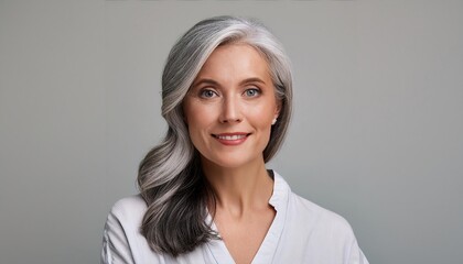 Fototapeta premium mature woman with grey hair over grey background 