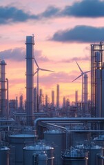 Obraz premium Industrial landscape with advanced wind turbines powering a fuel synthesis factory, wind energy to fuel, renewable process technology, Fuel Processing Technology concept
