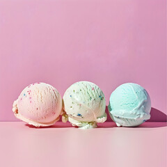 Three scoops of ice cream, set against a pink background with green and blue colors