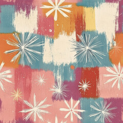 Colorful vintage snowflake pattern with abstract brush strokes in pastel shades. This design...