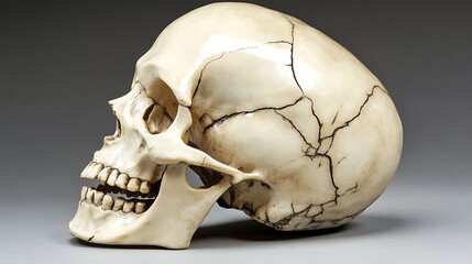 A Human Skull with Cracks on a Gray Background