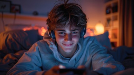 Obraz premium A young man smiles while listening to music with headphones in a cozy, softly lit room.