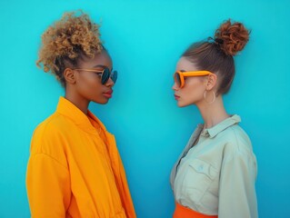Two people stand facing each other against a solid blue background, both wearing stylish sunglasses. Their outfits contrast in vibrant tones.
