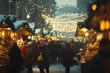 People browsing festive market stalls adorned with garlands and lights on a snowy winter evening, enjoying the warm holiday atmosphere amidst the Christmas decorations and crowd