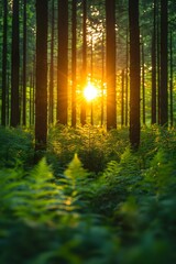 Obraz premium A serene forest scene with sunlight filtering through trees, illuminating ferns.