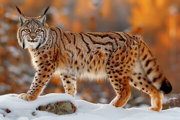 Lynx navigating through a snowy forest landscape while actively searching for food sources