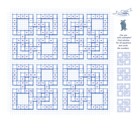 Set of math crosswords. Can you solve examples? Find solution for all equations and write the numbers. Mathematical logic puzzle game on addition and subtraction. Brain teaser book. Vector image.