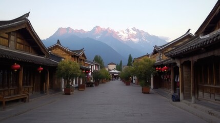 Serene Village Path with Mountains in Background