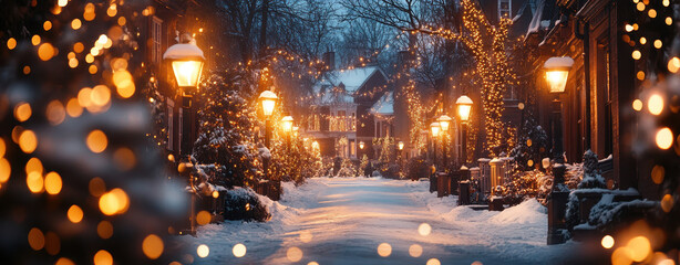 charming Christmas village scene with glowing street lamps illuminating snowy pathway, surrounded by festive decorations and trees. warm lights create magical atmosphere
