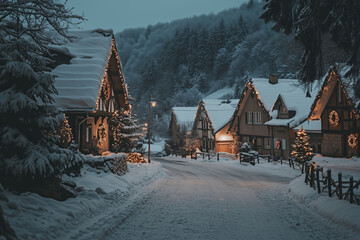 Fototapeta premium Charming snow-covered village with cozy houses adorned with Christmas lights and wreaths, nestled in a peaceful winter mountain landscape at dusk