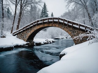 A whimsical snow-covered bridge arching over a frozen stream, creating a picturesque winter scene filled with charm and tranquility