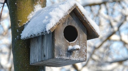 Snow-Covered Birdhouse on Tree Branch with Thin Snow Layer on Roof