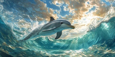 Naklejka premium realistic image of liberated dolphin in vast ocean, sunlight sparkling on water, representing freedom from captivity