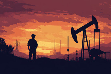 Silhouette of an oil worker standing next to the pumpjack at sunset.