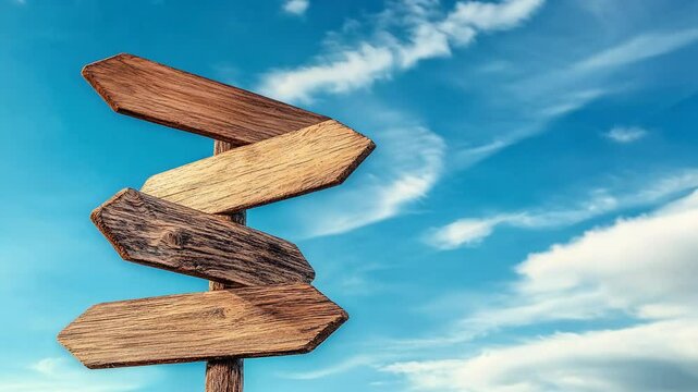 Direction signs, markings, against a blue sky background, fork in the path