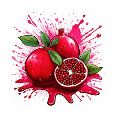 Fresh juicy Pomegranate with Green Leaves and Splash Effect