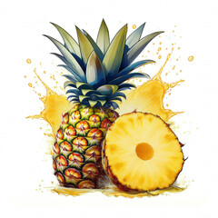 Fresh juicy Pineapples with Green Leaves and Splash Effect