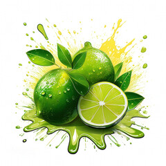 Fresh juicy Limes with Green Leaves and Splash Effect