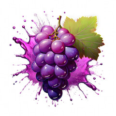 Fresh juicy purple grape with Green Leaf and Splash Effect