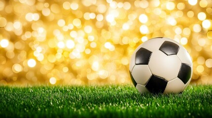 Fototapeta premium Soccer ball on vibrant green grass with dreamy bokeh lights, a captivating scene of sports and competition