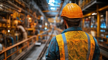 Industrial Worker in Safety Gear Overseeing Factory Operations