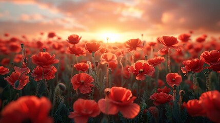 Obraz premium Majestic view of a field of poppies at sunset with beautiful sky