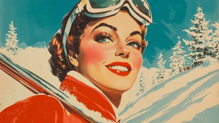 Vibrant pop art poster of a woman skiing, capturing retro style and winter adventure.