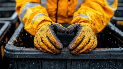 Heart-shaped Gesture with Dirty Work Gloves on Construction Site