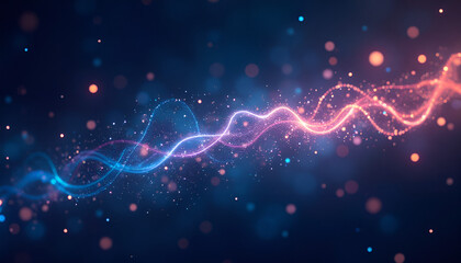 Fototapeta premium Vibrant glowing wave patterns with sparkling particles on a dark background, abstract design, copy space