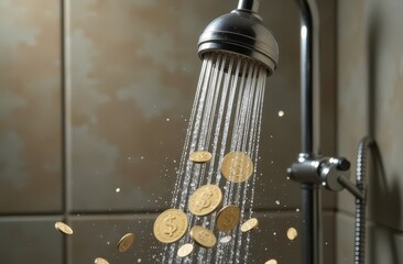 Shower of water with coins. Tariff increase, expensive utilities, water prices, paying bills. Household, everyday life concept