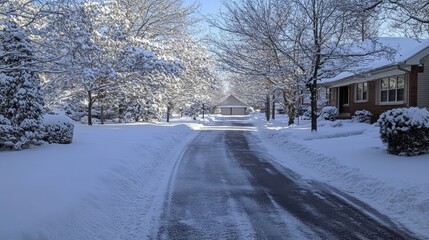 Obraz premium Snow-Covered Driveway Leading to Undisturbed Empty House