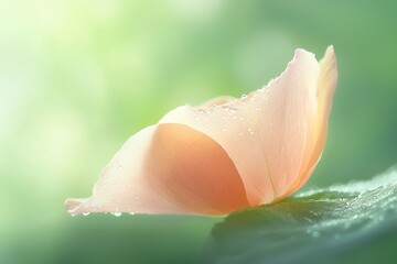 A delicate flower petal resting on a leaf, glistening with dew in a soft, dreamy atmosphere, perfect for nature-themed projects.