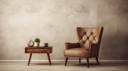 interior design concept armchair with brown upholstery coffee table with wooden surface on beige wall  decorative plaster background