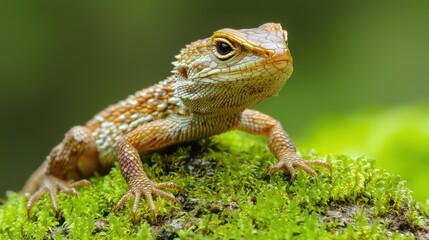 A detailed close-up of a lizard perched on green moss, showcasing vibrant scales and intricate textures in a natural setting.